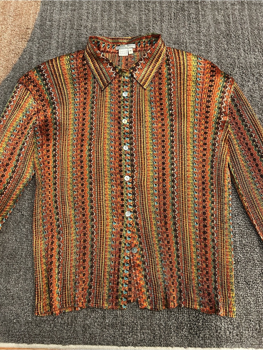 Vintage Alberto Mikali Vibrant Color Blouse Vertical Stripes Size XL Button Down